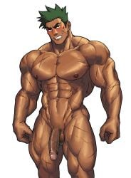 bara blush clenching_teeth flaccid flaccid_penis green_hair looking_at_viewer male male_only manly muscular muscular_arms muscular_legs muscular_male nipples no_background penis satyroom scar sexy unhappy_male