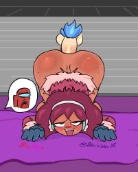 among_us anal anal_sex auburn_hair big_ass big_butt blue_eyes bluelejoso blush boyfriend_(friday_night_funkin) dark-skinned_female friday_night_funkin girlfriend_(friday_night_funkin) looking_pleasured public_sex red_(among_us) sweat vs_impostor