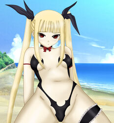 armlet artemisumi bare_shoulders beach blazblue blonde_hair breasts choker female frills hair_tubes long_hair mizugi mound_of_venus navel ocean rachel_alucard red_eyes solo swimsuit thigh_strap tied_hair twintails