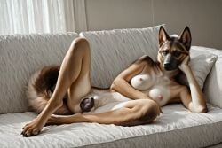 1girls ai_generated anatomically_correct_genitalia anatomically_correct_pussy animal_genitalia animal_pussy anthro breasts canid canine canine_genitalia canine_pussy canis director_yiffy dog_girl domestic_dog female female_only furry german_shepherd indoors looking_at_viewer lying nude solo solo_female