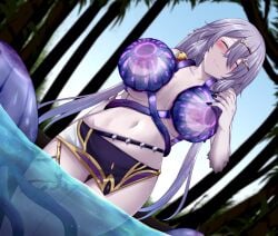 blush breast_sucking breasts character_request copyright_request cowboy_shot female grey_hair jellyfish large_breasts long_hair navel nipples palm_tree partially_submerged topless_female tree vellark