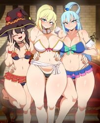 3girls alternate_version_available aqua_(konosuba) big_breasts bikini blonde_hair blue_eyes blue_hair breasts brown_hair clothing curvaceous curvy curvy_figure darkness_(konosuba) female female_only hair_ornament hat huge_breasts kono_subarashii_sekai_ni_shukufuku_wo! long_hair megumin mostly_nude one_eye_closed open_mouth peace_sign red_eyes rogerart123 skirt small_breasts standing_on_one_leg thick_thighs tongue tongue_out trio voluptuous voluptuous_female wide_hips
