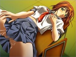 andou_tomoya breast_hold brown_hair censored classroom game_cg ishizeki_kaoru lying pussy_juice school_uniform shiritsu_rape_jogakuin tagme