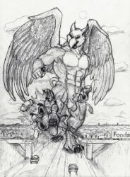 4_toes 5_fingers abs anthro anthro_only avian balls beak biceps blood bodily_fluids bridge building car carpo city claws crush crushed_vehicle cum destruction erection explosion extreme_size_difference feathered_wings feathers feet finger_claws fingers foot_crush footprint fur genital_fluids genitals gore graphite_(artwork) gryphon hi_res highway humanoid_genitalia humanoid_penis kick macro macro_anthro macro_male male male_only masturbation muscular muscular_anthro muscular_male mythological_avian mythological_creature mythology nude outside pawpads pawprint paws pecs penile penile_masturbation penis pyronite(commissioner) rampage size_difference sky smile solo stomping tail toe_claws toes traditional_media_(artwork) vehicle vehicle_destruction vein veiny_penis walking wings x4vier