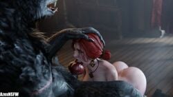 3d animal_genitalia anthro ass azexnsfw big_ass big_breasts blowjob breasts canid canine canine_penis canis cd_projekt_red completely_nude curvy_female deepthroat earrings fellatio female freckles head_grab knot light-skinned_female male mascara monster necklace nude oral oral_sex penis red_hair sucking_penis the_witcher_(series) the_witcher_3:_wild_hunt tongue tongue_out triss_merigold werewolf wolf
