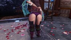 1080p 3d ass_cheeks ass_focus ass_shot astral_(armor) bent_over bubble_ass capcom cherry_blossoms corset curvaceous_female dat_ass elizabeth_(huntress) gesture_hand half_naked highres hunter_(monster_hunter) in_game indoors light-skinned_female long_hair long_sword_(mh) low-angle_view mature_female monster_hunter monster_hunter_(series) monster_hunter_wilds monster_hunter_world official_style original_character presenting_ass purple_panties rear_view redhead_female round_ass savage_deviljho_(armor) screenshot shaved_pussy showing_off_ass thicc_thighs underboob underwear unseen_female_face vangis_(armor) yian_garuga_(armor)