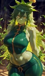 ai_generated bigbizarts crop_top curvy green_hair green_skin leaf_hair original_character plant_girl shorts slim_waist slit_pupils smiling_at_viewer solo yellow_eyes