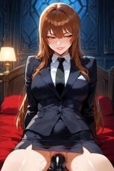 1girls ai_generated bed black_dildo black_necktie black_suit brown_eyes brown_hair death_note dildo dildo_in_pussy female genderswap_(mtf) light_yagami pencil_skirt red_sheets rule_63 sitting smile white_shirt