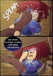 1animal 1girls balls blush bukkake clothed_female_nude_male comic cum cum_on_face cumshot dialogue female handjob horse horsecock huge_balls huge_cock lordfink penis ragatha_(the_amazing_digital_circus) red_hair text the_amazing_digital_circus zoophilia