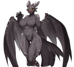 anthro big_breasts black_body blush breasts dragon dreamworks european_mythology featureless_breasts featureless_crotch female fingers fury_(httyd) glistening glistening_abs glistening_breasts glistening_thighs hi_res how_to_train_your_dragon looking_at_viewer muscular muscular_female muscular_thighs mythological_creature mythological_scalie mythology night_fury nude scalie simple_background smile solo taigazkr toothless western_dragon white_background wings