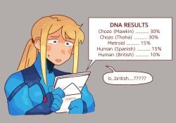 blonde_hair blue_eyes commentary english_text female grey_background highres holding holding_letter inkopolis letter long_hair metroid percentage ponytail samus_aran solo speech_bubble sweatdrop upper_body zero_suit