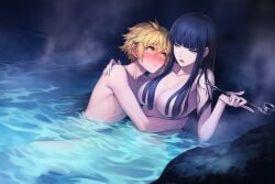 1boy 1boy1girl 1girls ai_art ai_generated bathing beauty_mark big_breasts blonde_hair blue_mage cuddling fair_skin fair_skinned_male fan_character final_fantasy final_fantasy_xiv gray_eyes hot_spring hug hugging no_sex novelai nude nude_female nude_male smoking smoking_pipe straight yotsuyu_(final_fantasy_xiv) zafiro_(final_fantasy)