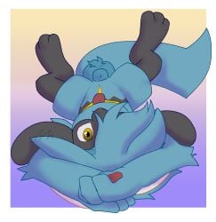 absurd_res animal_genitalia balls fan_character fully_sheathed generation_4_pokemon genitals hi_res looking_at_viewer lying male mateocorv nintendo on_back pokemon pokemon_(species) riolu sheath solo solo_focus