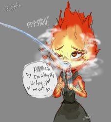 clothing disney drinking_pee drinking_urine elemental_(pixar) elemental_creature ember_lumen english_text female female_focus fire_creature golden_shower offscreen_character offscreen_male one_eye_closed open_mouth peeing peeing_in_mouth pixar steam urination urine urine_stream wade_ripple wet
