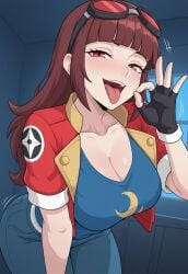 ai_generated blunt_bangs brown_eyes brown_hair civitai cleavage cropped_jacket fellatio_gesture goggles goggles_on_head happy jacket long_hair luna_walker open_jacket pokemon pokemon_utopus red_jacket suggestive_look the_loading_crew theloadingcrew tongue_out utopus youtube