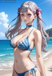 ai_generated bangs bare_shoulders beach bikini black_clover blue_bikini blue_choker blue_sky breasts choker cleavage cloud collarbone dandanhub day female grey_hair hair_ribbon large_breasts lips long_hair looking_at_viewer navel noelle noelle_silva ocean outdoors parted_lips purple_eyes ribbon side-tie_bikini_bottom sky solo stomach swimsuit twintails