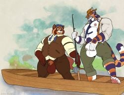 1920s_theme 2025 ailurid animal_genitalia anthro anthro_on_anthro areola balls barazoku barefoot belly biceps big_balls big_muscles big_sheath boat bodily_fluids border bottomwear claws clothed clothing cloud day duo facial_hair feet felid fishing_rod flustered fully_sheathed fur genitals grey_border hat headgear headwear holding_object huge_balls huge_muscles imminent_sex kihu lake looking_at_another male male/male mammal manly moustache musclegut muscular muscular_anthro muscular_male navel necktie nipple_piercing nipples open_clothing open_shirt open_topwear outside overweight overweight_anthro overweight_male pantherine pants pecs piercing plant plantigrade red_panda sheath shirt simple_background smile soren_(kihu) standing suspenders sweat sweatdrop teeth thick_arms thick_thighs tiger topwear tree tuft undressing unzipped vehicle vest water watercraft zipper