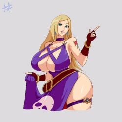 1girls acrylictoon arm_behind_back arm_tattoo artist_name b._jenet big_breasts blonde_hair breasts busty child_bearing_hips cleavage dress dress_lift dress_lifted_by_self fatal_fury female female_only fingerless_gloves garou:_mark_of_the_wolves gloves green_eyes hi_res highres huge_breasts index_finger_raised king_of_fighters king_of_fighters_xv legs lifted_by_self long_hair looking_at_viewer parted_lips pink_lips pixel_art pose posing sensual sexy sexy_pose sideboob smile solo source_request tattoo teeth thick_thighs thighs voluptuous wide_hips