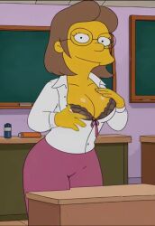 20_seconds ai_generated animated blouse_partially_removed bra breasts elizabeth_hoover erect_nipples longer_than_10_seconds tagme the_simpsons undressing video