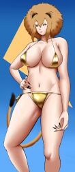abana_(poketune) animal_ears bikini black_sclera blonde_hair breasts female fluffy_hair gold_bikini golden_bikini golden_week hand_on_hip large_breasts lion_girl lips long_nails original original_character poketune solo solo_female tail