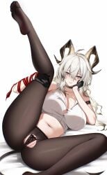 absurdres arm_strap ateoyh bare_shoulders black_choker black_gloves black_horns black_panties black_pantyhose black_tail blush breasts breath bright_pupils button_gap choker closed_mouth collarbone commentary crotch_cutout curled_horns demon_tail earrings female gloves hair_between_eyes highres holding_own_leg horns jewelry key_earrings large_breasts leg_up long_hair looking_at_viewer lying mole mole_on_breast navel necktie necktie_around_wrists no_pants no_shoes on_back paid_reward_available panties pantyhose pussy pussy_peek red_eyes red_necktie shirt simple_background solo spread_legs stomach sweat tail thighs torn_clothes torn_shirt underwear white_background white_pupils white_shirt wuthering_waves zani_(wuthering_waves)