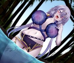 blue_eyes blush breast_sucking breasts character_request copyright_request cowboy_shot female grey_hair heterochromia jellyfish large_breasts long_hair navel nipples palm_tree partially_submerged purple_eyes topless_female tree vellark