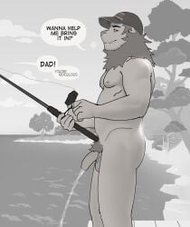 anthro ass balls baseball_cap baseball_cap_only belly bodily_fluids casual_nudity casual_urination clothing dialogue echto english_text felid fishing flaccid foreskin genital_fluids genitals hat headgear headwear hi_res humor lion looking_at_viewer male mammal mane mature_male nipples offscreen_character outside pantherine pecs peeing penis plant pubes side_view smile smiling_at_viewer solo speech_bubble standing text tree urine urine_stream