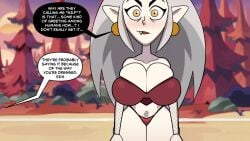 accurate_art_style blush breasts bursting_breasts cleavage clothing earrings eda_clawthorne edalyn_clawthorne english_language english_text female female_pubic_hair fishnets grey_hair huge_breasts jewelry large_breasts long_hair looking_at_viewer oerba_yun_fang outdoors pointy_ears pubic_hair red_panties solo steca text the_owl_house thelazyart tree underwear vampire yellow_eyes