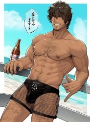 arima_(arima_bn) beer_bottle body_hair brown_eyes brown_hair carlos_oliveira chest_hair happy_trail leg_hair male male_only mesh_sorts shaka_sign six_pack smiling speedo swimsuit tagme tanned treasure_trail