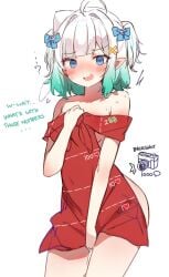 ahoge bangs blue_eyes blue_hair blunt_bangs blush breasts eyebrows_visible_through_hair female hair_ornament looking_at_viewer medium_breasts mint_fantome multicolored_hair orobou pointy_ears shirt_cut_meme short_hair simple_background solo sweat tshirt two-tone_hair virtual_youtuber vtuber white_background white_hair