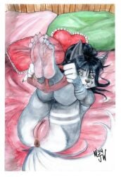 2024 4_toes 5_fingers absurd_res anthro anus ass bed bed_sheet bedding big_ears black_hair canid canine canis claws clothing clothing_pull colored countershade_feet countershading detailed_background feet female fingers foot_focus fur furniture genitals green_eyes green_pillow grey_body grey_fur hair hi_res mammal mjw_darkmode nails panties panties_around_ankles panty_pull pillow pink_pillow pink_pussy pink_sheets pointy_ears ponytail presenting presenting_hindquarters pussy red_pillows sharp_nails sharp_toenails shaved_pussy shaved_pussy signature soles solo solo_focus teeth toenails toes traditional_media_(artwork) underwear underwear_pull wolf wrinkled_feet wrinkles