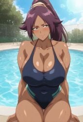 1girls ai_generated aimhoen artist_name big_breasts bleach blue_swimsuit blush clouds colored dark-skinned_female dark_skin detailed_background female_only front_view long_hair looking_at_viewer outdoors outside patreon ponytail pool purple_hair shihouin_yoruichi shiny_skin sky smile solo_female sweat thick_thighs trees uncensored voluptuous voluptuous_female water yellow_eyes