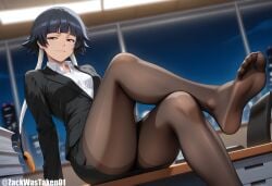 1boy 1girls ai_generated bleach bleach:_the_thousand-year_blood_war crossed_legs dark_hair feet female legs legs_up male medium_breasts office office_lady pantyhose seductive_smile short_hair slim_waist soifon soles zackwastaken01