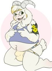 1boy anthro asriel_dreemurr ass belly bovid bulge caprine clothing detailed_bulge facial_hair floppy_ears fur goat hi_res horn jockstrap kneeling male male_only mammal navel overweight shirt solo tank_top tattoo tbid topwear undertale undertale_(series) underwear white_body white_fur