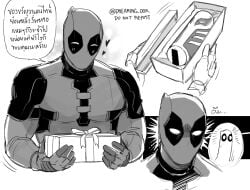 1boy artificial_vagina bar_censor blush bodysuit box censored character-themed_artificial_vagina commentary_request deadpool deadpool_&_wolverine deadpool_(series) dreaming_oor gift gift_box gloves heart highres holding implied_erection male male_focus marvel marvel_cinematic_universe mask monochrome muscular muscular_male sex_toy speech_bubble superhero_costume translation_request wolverine_(x-men)