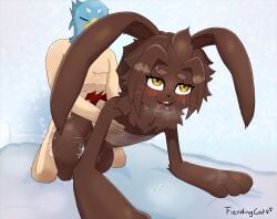 absurd_res animal_mask anthro ass beak_mask bed bilac_(shangri-la_frontier) blush bodily_fluids breath brown_body brown_fur doggy_style drooling duo female fiendingcat from_behind_position fucked_silly fur furniture genital_fluids hi_res human lagomorph leporid leproid male male/female male_on_anthro mammal mask musk musk_clouds on_bed panting rabbit saliva sash sex shangri-la_frontier sunraku sweat torso_grab vaginal_fluids vorpal_bunny wearing_mask yellow_eyes