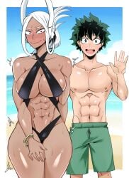 1boy 1girls abs bare_arms bare_legs bare_shoulders bare_thighs beach big_breasts blush bunny_ears bunny_girl color dark-skinned_female dark_skin deaf_(artist) female fit_female green_eyes green_hair hi_res izuku_midoriya large_breasts long_hair looking_at_viewer male male/male midoriya_izuku miruko muscles muscular muscular_female muscular_male my_hero_academia red_eyes rumi_usagiyama sand superheroine sweat swimsuit tagme thick_thighs white_hair