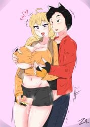 1boy 1girls black_eye black_hair blonde_hair booty_shorts breast_grab cat_ears clothed female from_behind handjob heterochromia jin_satou large_breasts male original_character prosthetic_arm purple_eyes red_eye rwby scar_across_eye thigh_job tongue_out yang_xiao_long zronku