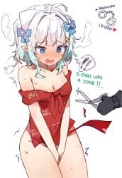 ahoge bangs blue_eyes blue_hair blunt_bangs blush breasts eyebrows_visible_through_hair female hair_ornament looking_at_viewer medium_breasts mint_fantome multicolored_hair orobou pointy_ears shirt_cut_meme short_hair simple_background solo sweat two-tone_hair virtual_youtuber vtuber white_background white_hair