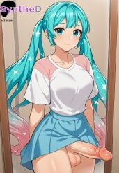 1futa ai_generated aqua_eyes aqua_hair artist_name artist_signature balls blush breasts collarbone cowboy_shot erection futa_sans_pussy futanari hatsune_miku hi_res high_resolution highres intersex large_breasts long_hair looking_at_viewer multicolored_hair patreon penis pink_hair shirt skirt smile solo synthed testicles twintails uncensored veins veiny_penis vocaloid
