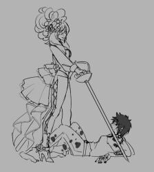 1boy 1girls angry artist_request cavendish clothing female flower genderswap_(mtf) male monochrome one_piece rule_63 trafalgar_law weapon