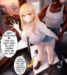 1boy absurdres ace_of_spades_tattoo bent_over black_collar blonde_hair blue_skirt breast_tattoo breasts cleavage collar condom condom_wrapper dark-skinned_male dark_skin english_commentary english_text female full_body heart highres indoors interracial kanikamidesu kitagawa_marin large_breasts long_hair male netorare pleated_skirt queen_of_spades_symbol shirt skirt solo_focus sono_bisque_doll_wa_koi_wo_suru spade_(shape) spade_tattoo speech_bubble spoken_heart straight tank_top tattoo very_dark_skin white_shirt white_tank_top