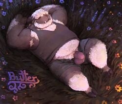 absurd_res anthro armpit_hair ball_fur balls beard belly_hair bezdomny body_hair bottomwear bovid caprine chest_hair chest_tuft closed_eyes clothing cloven_hooves facial_hair fangs flower genitals grass hair hi_res hooves horn leg_hair male mammal name_drop overweight penis plant sheep shirt shorts slightly_chubby solo teeth topwear tuft white_hair