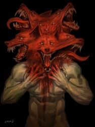 2025 3:4 amon-sydonai anthro black_background blood bodily_fluids canid canid_demon canine canine_teeth canis cerberus demon digital_media_(artwork) european_mythology fur greek_mythology hellhound hi_res horror_(theme) male mammal multi_eye multi_head muscular muscular_anthro mythological_canine mythological_creature mythology red_body red_fur shaded simple_background solo teeth tongue tongue_out white_eyes wolf