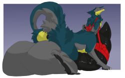 absurd_res animal_genitalia anus arms_tied ass balls big_balls big_penis bondage bondage bound brom_(sahurus) claws fangs fur genitals green_body green_fur grey_body grey_fur hi_res huge_balls huge_cock hyper hyper_balls hyper_genitalia hyper_penis male paws penis penis_tied red_eyes restraints rope rope_bondage rope_harness sergal sergal_taur sheril smile smirk solo tail taur teeth tongue tongue_out yellow_body yellow_fur