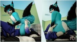 2025 3d anal animal_genitalia animal_penis anthro arched_back ass bed bedroom big_butt black_hair blue_body blue_fur blue_penis blush bodily_fluids butt_heart canid canine canine_genitalia canine_penis claws dialogue digital_media_(artwork) duo erection facesitting fox fur fur_markings furniture genital_fluids genitals growling hair hand_on_butt hand_on_leg hand_on_thigh hi_res hybrid inside leaking_precum licking looking_at_another male male/male mammal markings on_bed oral pawpads paws penis precum red_eyes rimming rimming_male sex sheath simple_background sitting_on_another smile surprised_expression syn-blue syntax_blue text tongue true_fox two_panel_image volt_(voltaicharbor32) whiskers white_body white_fur white_pawpads white_penis