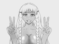 1girls atlus blush double_v eupha_(metaphor:_refantazio) female grin large_breasts long_hair metaphor:_refantazio monochrome nude oiddra sketch smile solo twintails v