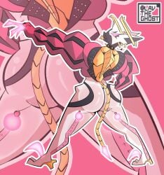 :3 ass_focus bubble_butt cat_ears cat_tail claws gold_(metal) high_heels highres jacket lavtheghost legs_spread markings monster_girl non-human tail valkyr_(warframe) valkyr_prime_(warframe) warframe white_body wide_hips