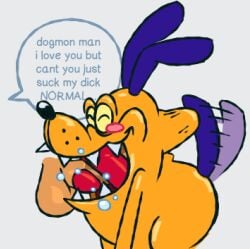anthro balls bandai_namco blush chronobauble deep_throat digimon digimon_(species) disembodied_penis dogmon duo english_text erection fellatio genitals human male male/male mammal oral oral_penetration penetration penile penis sex sharp_teeth smile tail tail_motion tailwag teeth text toon_physics toony
