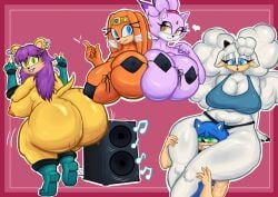 1boy 4girls 4girls1boy 5_fingers anthro archie_comics areolae bare_ass barely_contained bedroom_eyes big_ass big_breasts bikini blaze_the_cat blue_eyes blue_fur boots bubble_ass bubble_butt bursting_breasts bust_portrait chubby chubby_female cleavage cleavage_overflow collarbone ear_piercing earrings eyelashes feline female fingerless_gloves furry furry_only gloves green_eyes half-closed_eyes heart_symbol hips huge_ass idw_publishing lanolin_the_sheep love_handles male mascara mina_mongoose motion_blur motion_lines multiple_girls musical_note nipple_bulge nipples orange_fur orange_nipples peace_sign purple_eyes purple_fur reasue sega shaking shaking_ass shaking_butt sheep sideboob slightly_chubby sonic_(series) sonic_the_hedgehog sonic_the_hedgehog_(series) sports_bra stereo thick_thighs thigh_crush tikal_the_echidna toned_arms toned_legs white_fur yellow_eyes yellow_fur